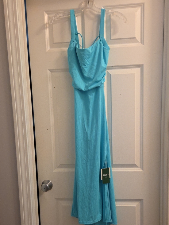 HALARA Dresses & Skirts - NWT HALARA Aqua Blue Draped Maxi Dress Side Slit